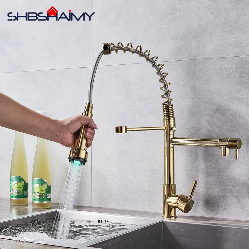

Golden Kitchen Sink Faucet with LED Pull Out Down Sprayer Mixer Taps Bar Sink Faucet
