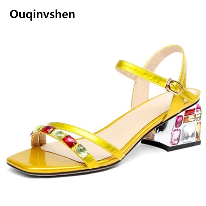 

Ouqinvshen Crystal Ankle Strap Sandals Peep Toe Elegant Yellow Buckle Strap High Heels Sandals Square Heel Summer Shoes Women