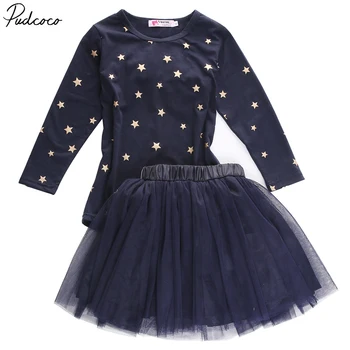 

Fashion Pretty Baby Girls Party Star O Neck Long Sleeve Tops T-shirt+tulle Skirts 2pcs Set 2-7years
