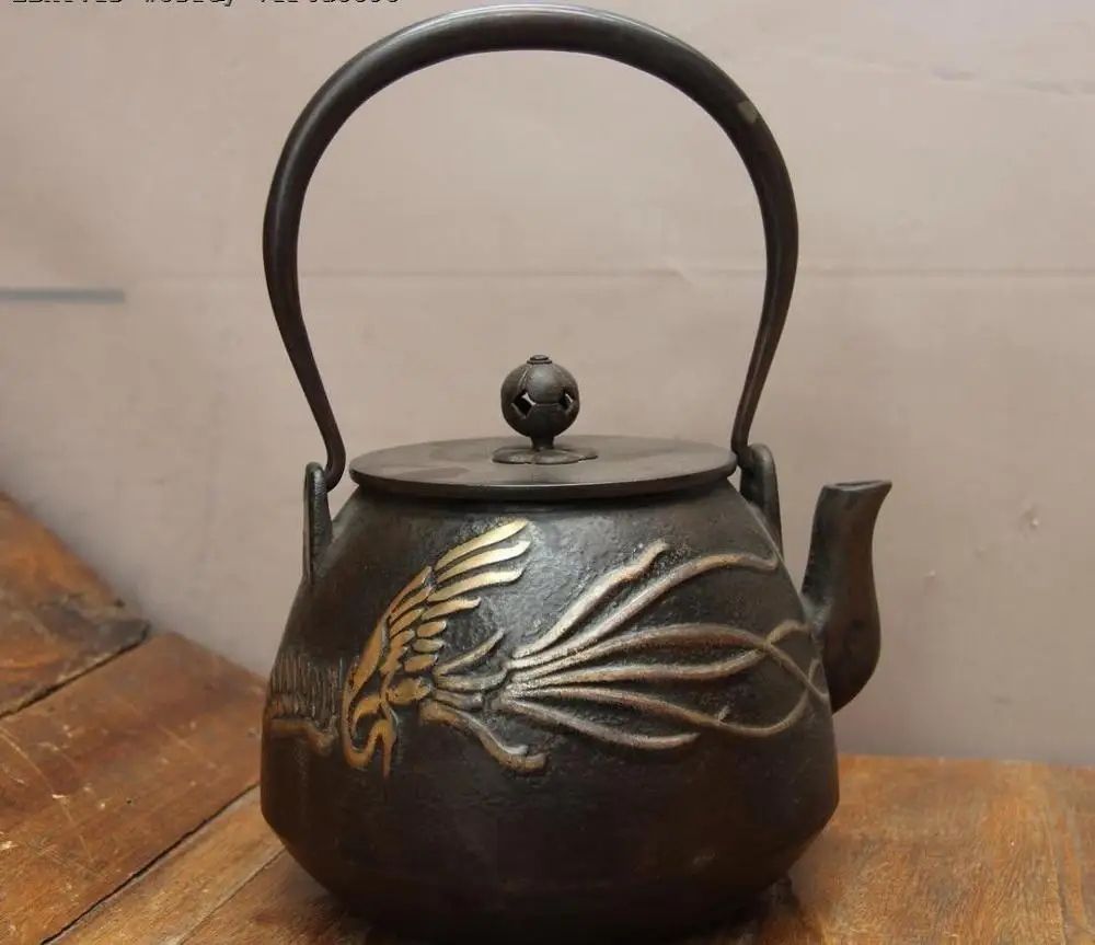 

Jepanese Technics Iron Silver Gilt Phoenix Flower Water Bottle TeaPot Teakettle