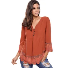 Плюс размер S-2XL Новая женская футболка Свободная v-образным вырезом три четверти рукав футболки модное с кружевной вышивкой Женская Повседневная футболка