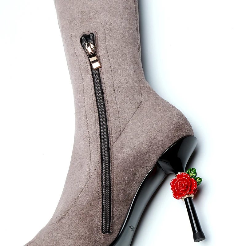 2018 Botas black Otoño Super Mujeres Negro Marrón Decoración La Estiramiento Altos Flores Brown Roja Muslo Cm Sobre Tacones Rosa Rodilla Invierno 10 Altas rCqB4UWnr