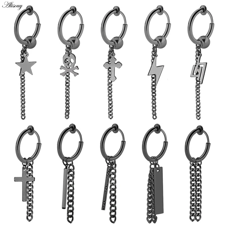 

Cross Skull Star Ear Clip Titanium Steel Punk Men Tassels Chain Earrings Black/Silver Pendant Patterns Simple Women Ear Buckle
