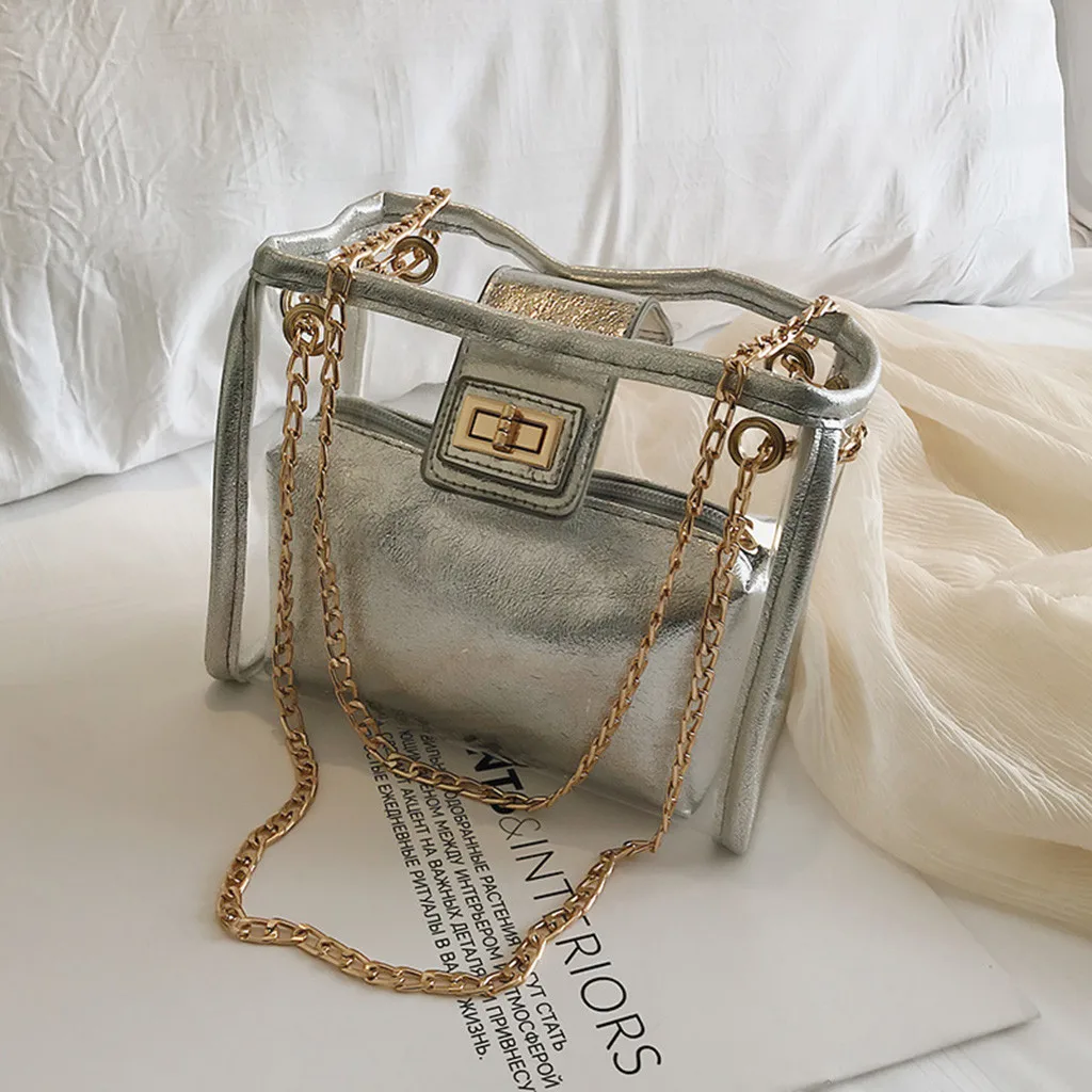 

2019 New Women Handbags Fashion Composite bag PVC Transparent Women bag Tote Travel Chain Shoulder Messenger Bag Sac A Main #H15