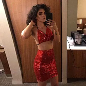 

Summer Hot sale paillette sexy women suits halter band dress two pieces sets spaghetti strap backless tops+mini sleeveless tops