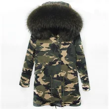 Winter Jacket Women Real Large Raccoon Fur Collar Parka Women Female Camouflage Long Coat Ladies Detachable Faux Fur Lined Parka