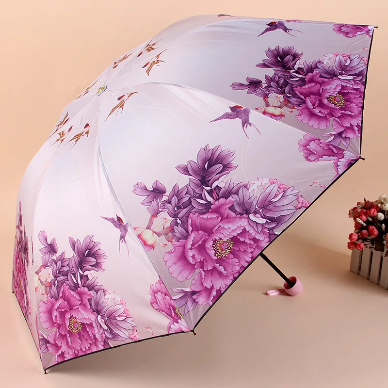 

Flower Print Women Three Folding Umbrella Windproof Anti-UV Rain Sun Resistance Umbrella Parasol Travel Portable Rain Gear Favor
