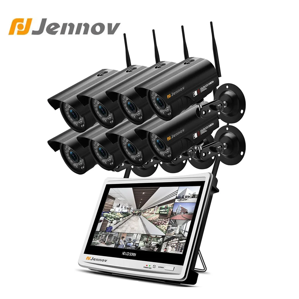 Jennov 8CH 2MP видеокамера с Wi-Fi Системы Беспроводной 1080 P NVR ИК P2P 12 дюймов ЖК-дисплей монитор CCTV Системы HD видео наблюдения комплект