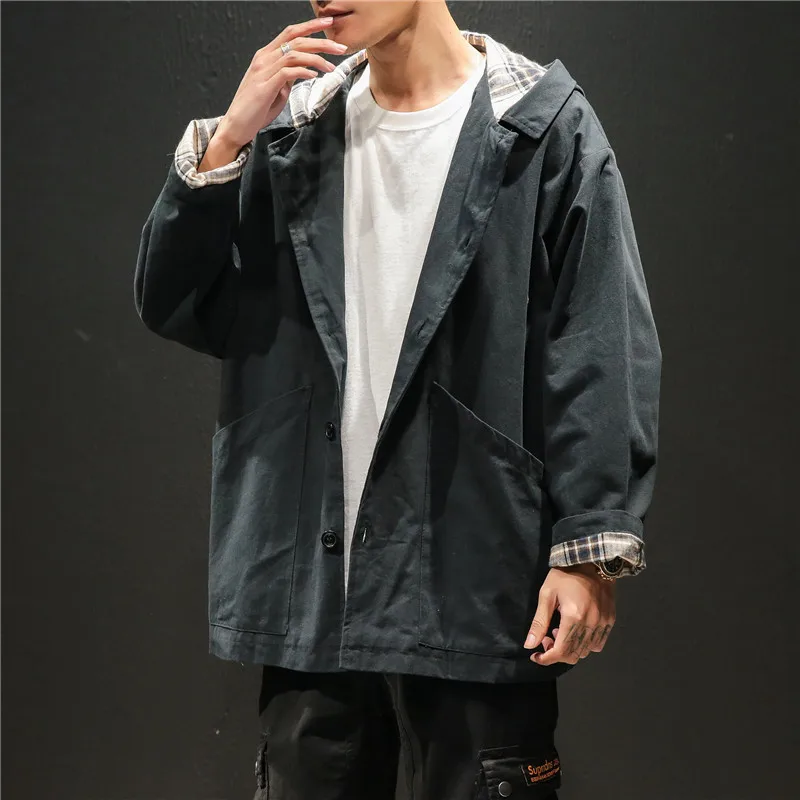 

Men's jacket 2019 spring new hooded windbreaker long paragraph color matching large size M-5XL loose casual youth men's clothing
