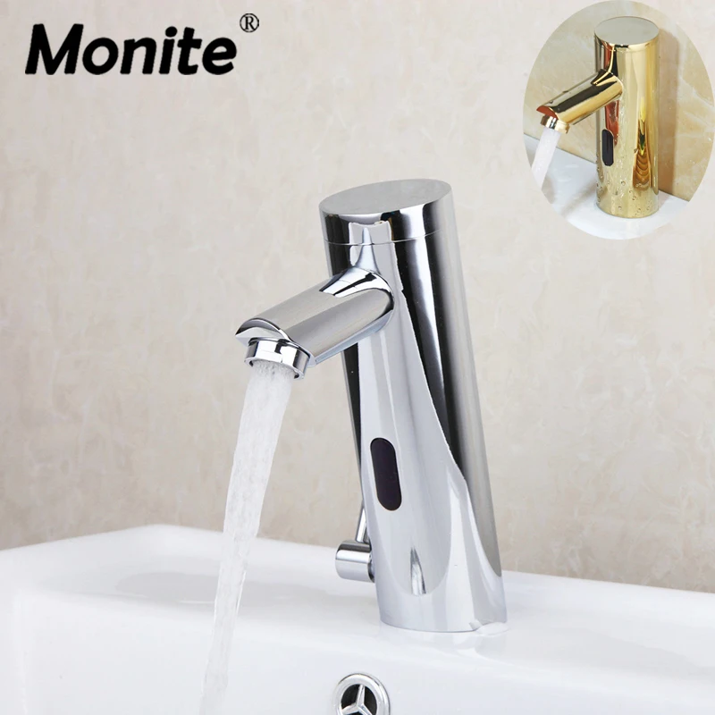 Monite Chrome Polished Golden Plated Basin Faucet Automatic Hands Touch