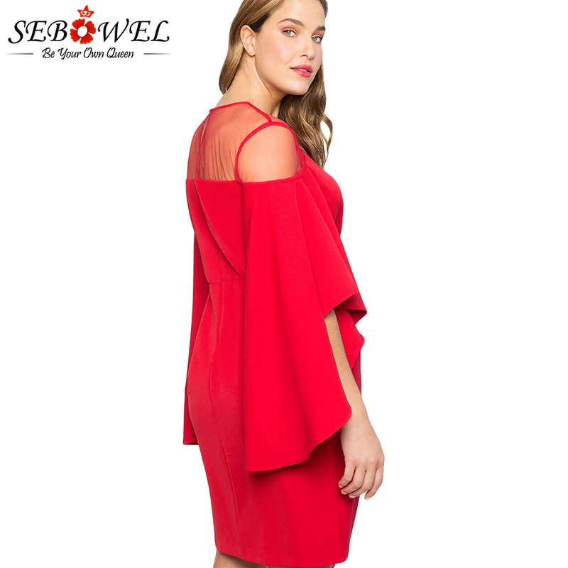 SEBOWEL زائد حجم شبكة سوداء الوهم البسيطة حزب اللباس النساء حجم كبير 4XL مثير الباردة الكتف كشكش ملهى ليلي اللباس للإناث