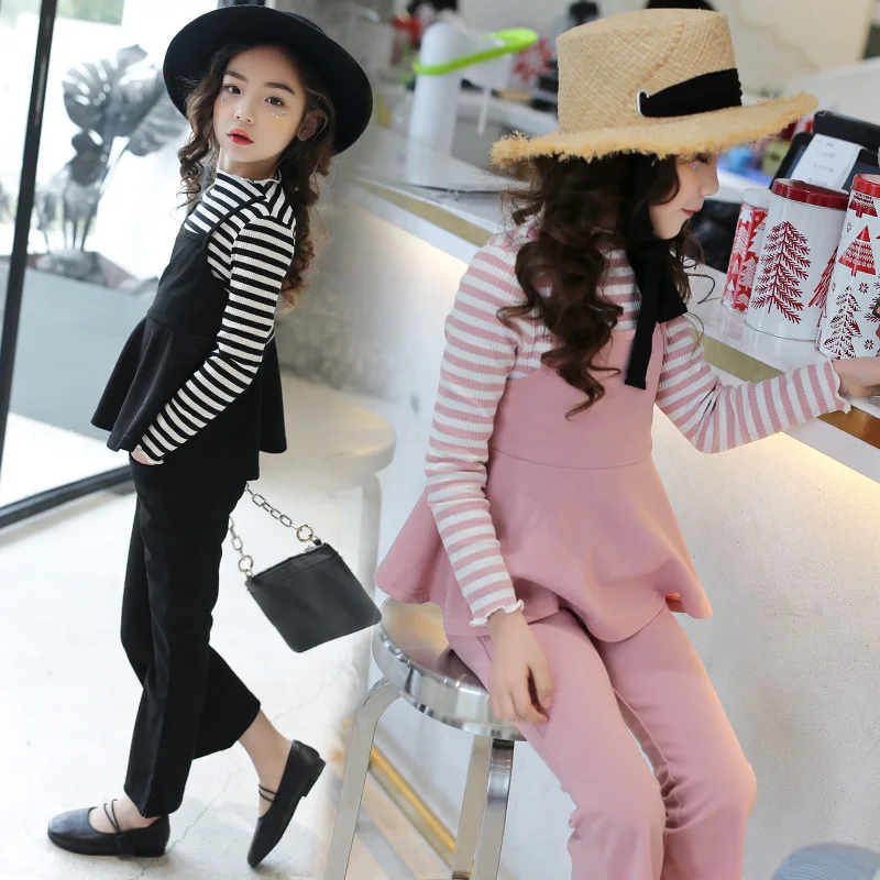 

2018 spring children's clothing girl sets children's spring three-piece new stripe kids suits