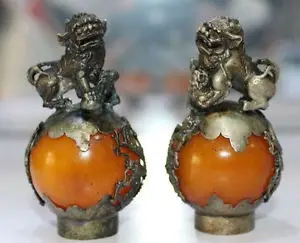 Old Tibet Silver Hand Carved yellow jade Dragon Phoenix Ball Lion Statue Pair Collectible Handwork copper Bronze | Дом и сад