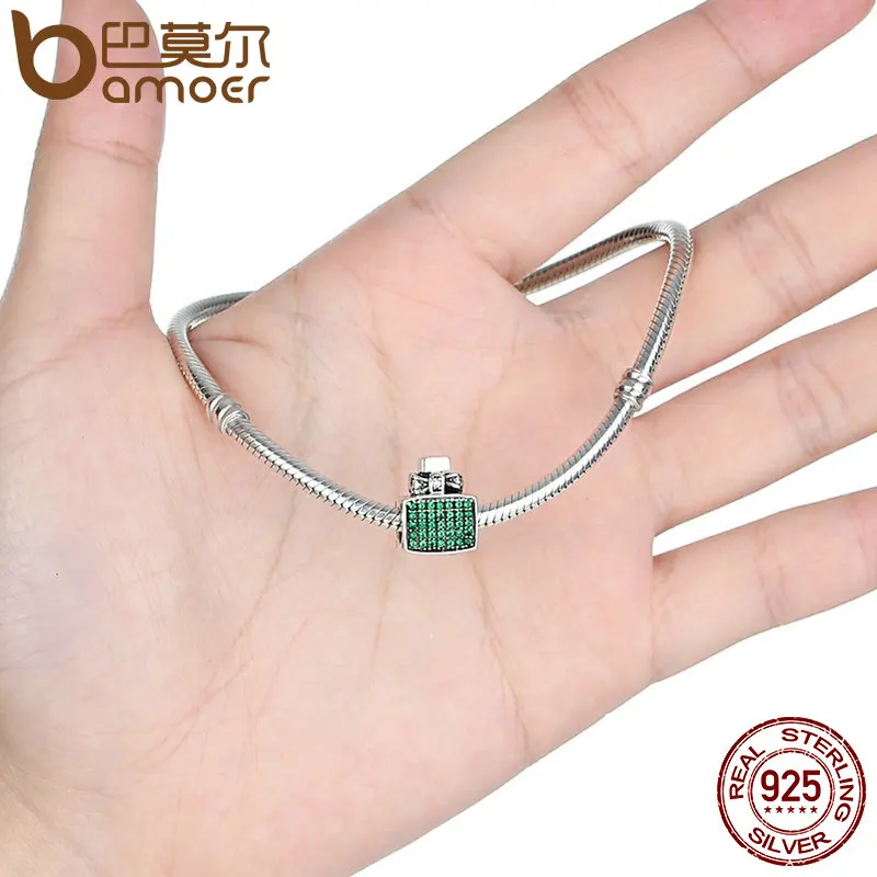BAMOER Authentic 100% 925 Sterling Silver Green Perfume Bottle Bow Knot Bead Charms Fit Bracelets Jewelry SCC093
