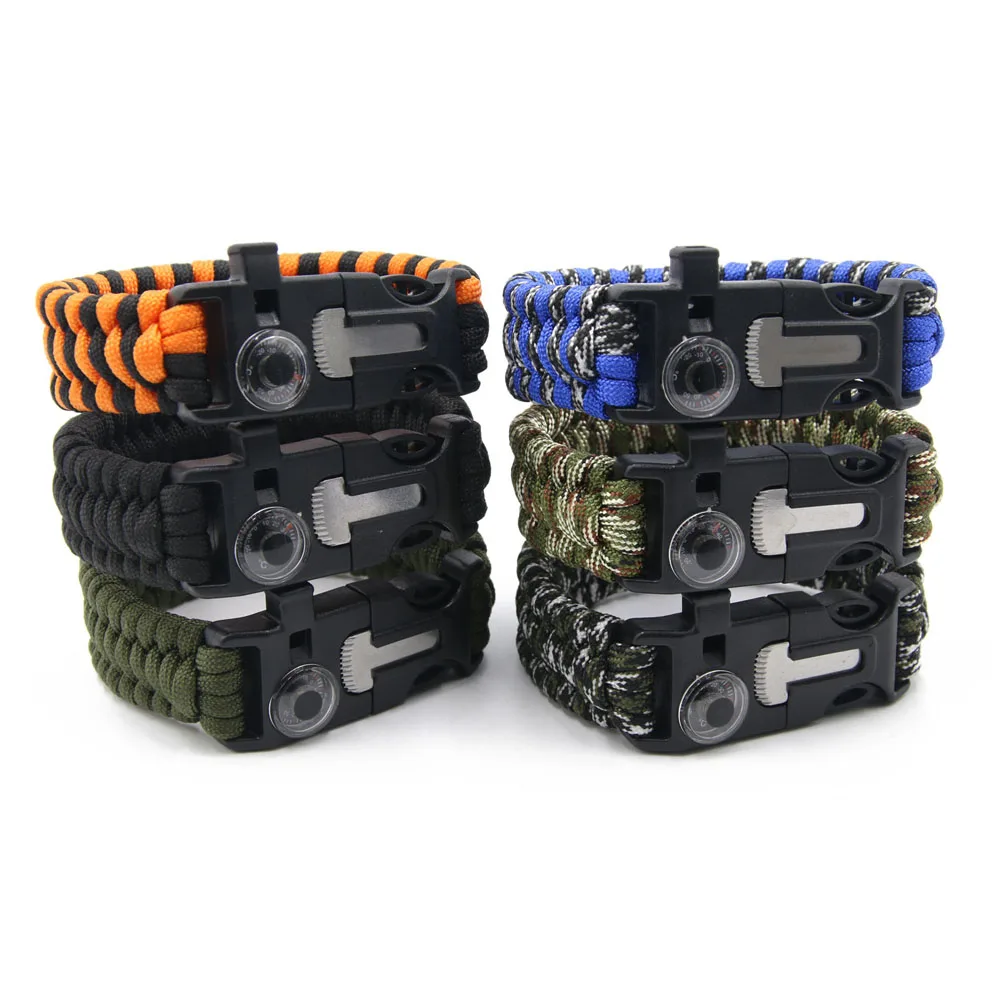 Paracord Survival Bracelet Wristband Thermometer/Flint/Whistle Outdoor Camping Gear Kit Rope Tools