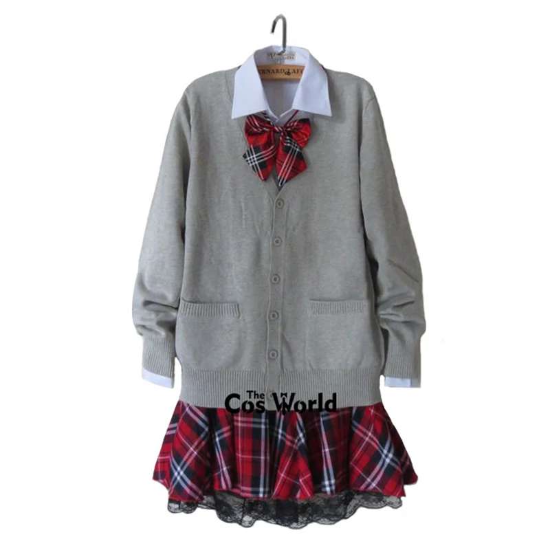 preppy-style-student-class-japan-jk-high-school-uniform-winter-gray-v-neck-cardigan-red-plaid-skirt-white-shirt-suits