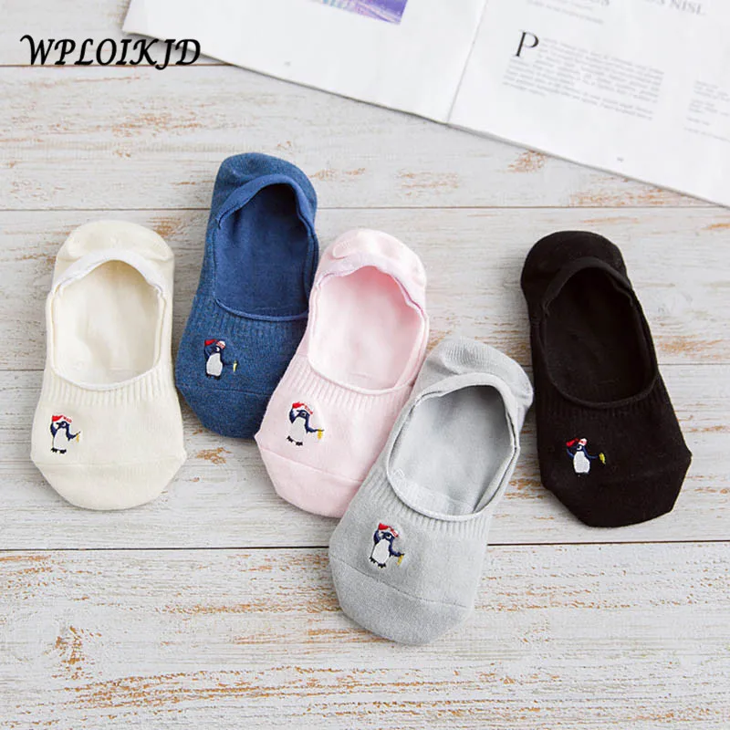 

[WPLOIKJD]Spring Summer New Product Embroidery Penguin Shallow Mouth Ship Women Socks Cotton Candy Color Breathable Socks