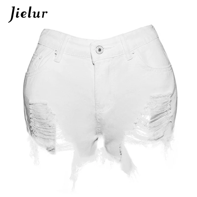 Europe Summer Fashion S-2XL Short Jeans Woman Pure Color White Slim Irregular Ripped for Women Holes Pockets Denim Shorts |