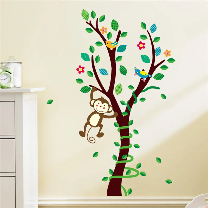 Сафари обезьяна игра на дереве наклейки на стены для детской комнаты цветок наклейки на стены мультфильм Детская комната Декор плакат на стену