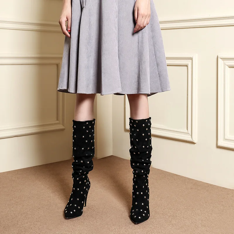 Clavos Mujeres Metálicos Zapatos Del Tacones Femeninos Pantorrilla Gamuza Gladiador Media Punta Pic Botas Remaches Señoras As Negro Estrecha Resorte ZnYqAppv