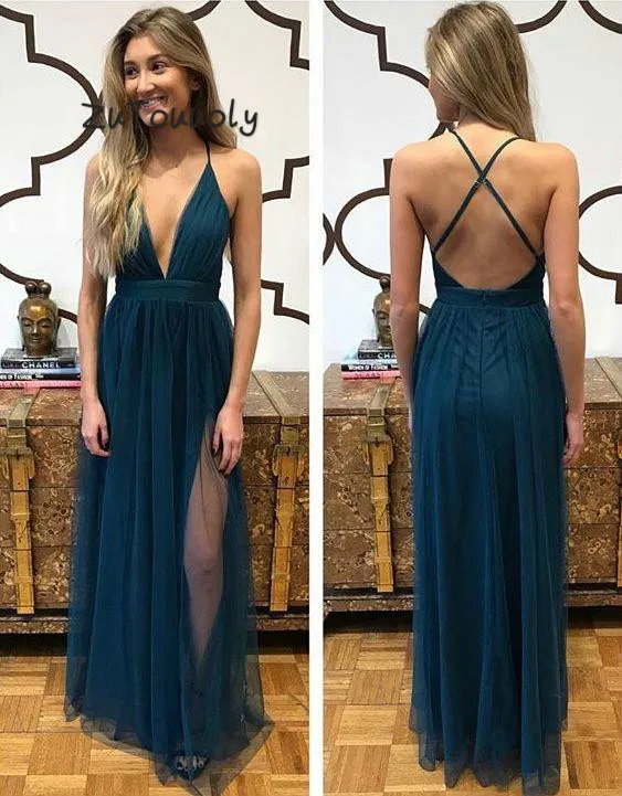 

Teal Blue Sexy Evening Dress Backless Tulle Boho Prom Dresses Floor Length Plugging neckline Long Formal Party Dresses Straight