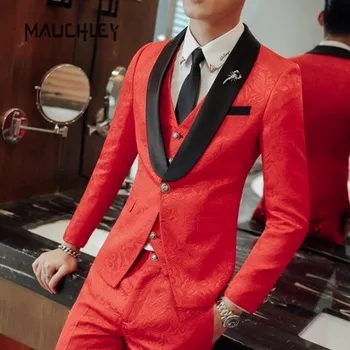 

Slim Fit Mens Suit Vest Pants 3 Pieces Wedding Suits for Men Red Royal Blue Floral Jacquard Terno DJ Tuxedo Mauchley 2018 New