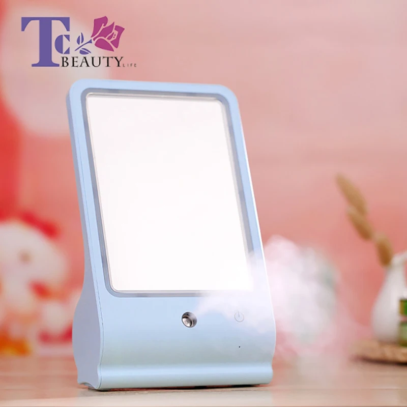 

LED Lighted Water Spray Makeup Mirror USB Rechargeable Portable Vanity Small Desktop Touch Screen Mirrors Battery Tool For Women