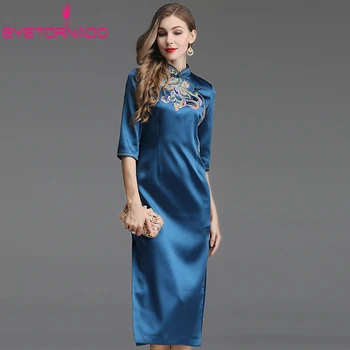 

Chinese Style Cheongsam Flower Embroidery Sexy Bodycon Work Party Dress Women Summer Slim Elegant Split Qipao Midi Dress