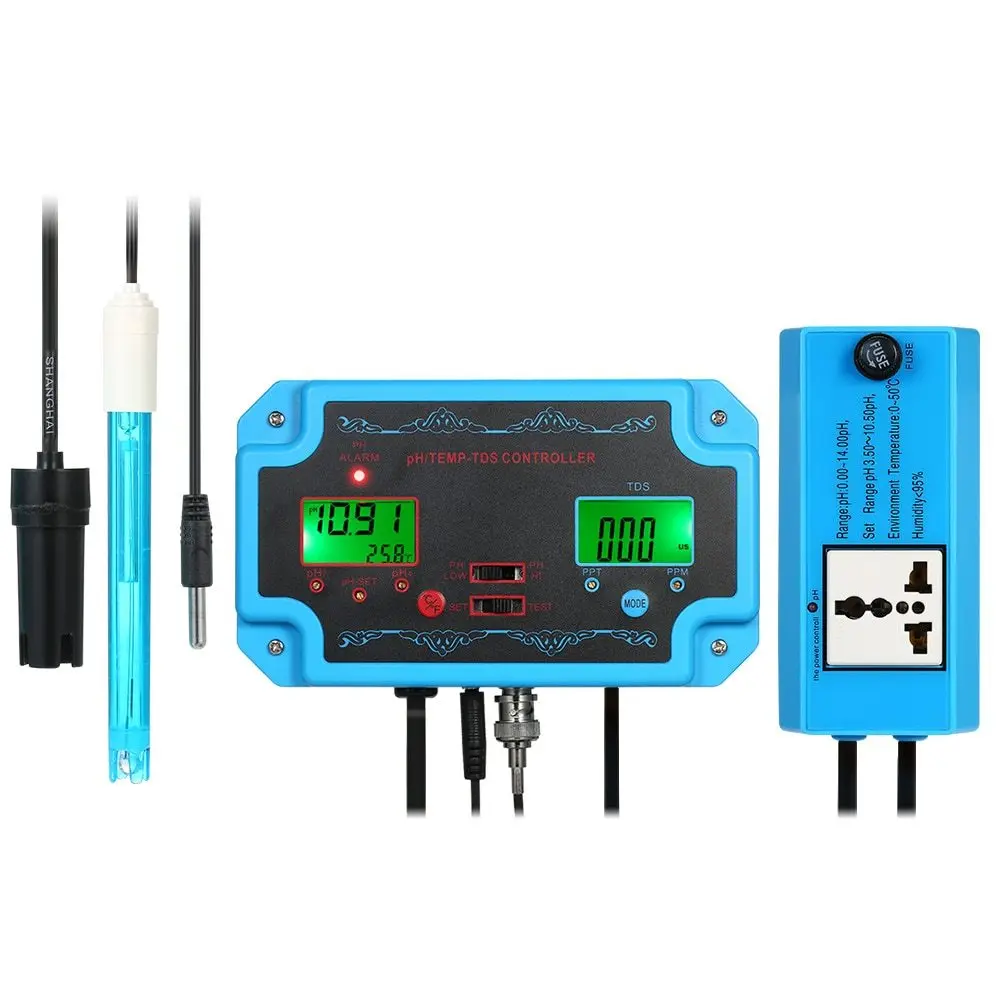 

Professional 3 in 1 pH/TDS/TEMP Water Quality Detector pH Controller with Relay Plug Repleaceable Electrode Water Quality Tester