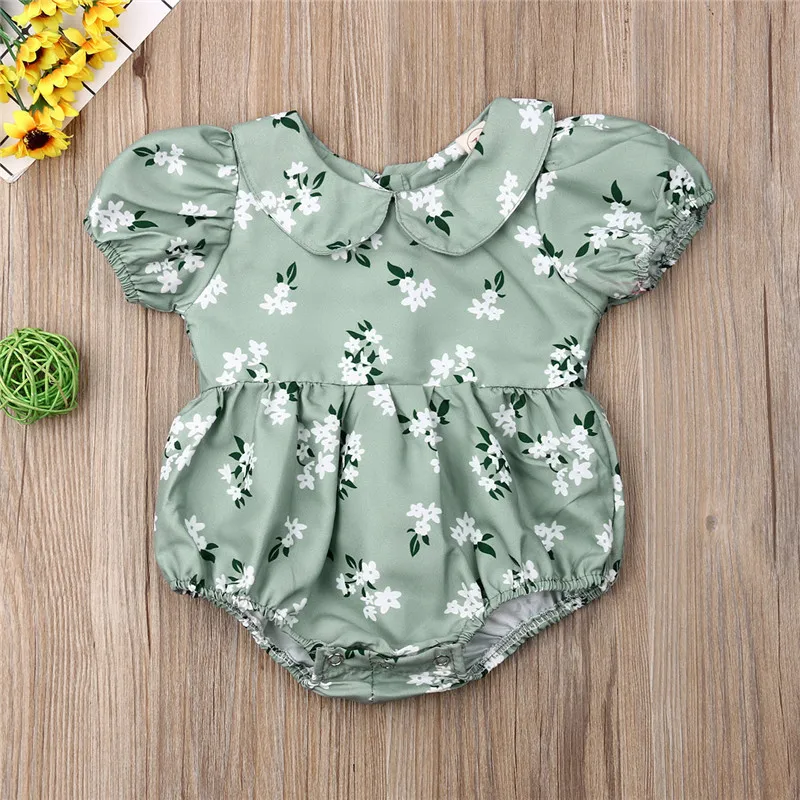 

Princess Newborn Baby Girls Floral Bodysuit Puff Sleeve Peter pan Collar Sunsuit Baby Girl Flowers Playsuit Cotton Clothes 3-18M