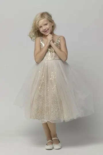 Sparkly Tulle Gold Sequins Flower Girl Dresses Scoop Neck