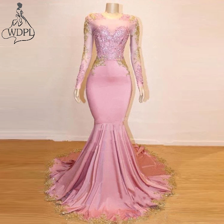 2019 New Sheer Long Sleeves Mermaid Prom Dresses Gold Lace Applique Sweep Train Formal Party Evening Gowns 139