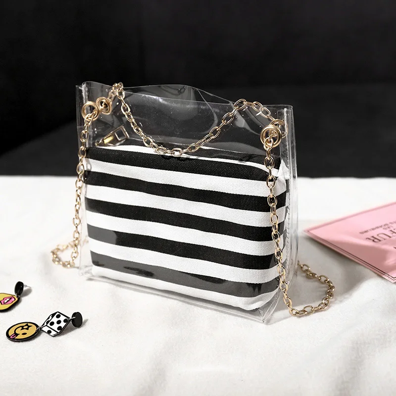 

JHD-Women'S Composite Bag Metal Chain Pvc Transparent Shoulder Bag Striped Wallet