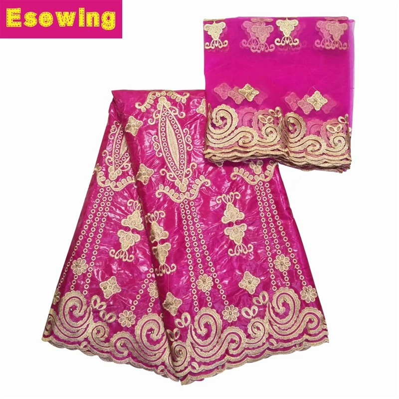 

Esewing Fuchsia African Fabric African Bazin Riche Getzner With Waves Brode Getzner With 5+2 Yards French Net Lace For Party