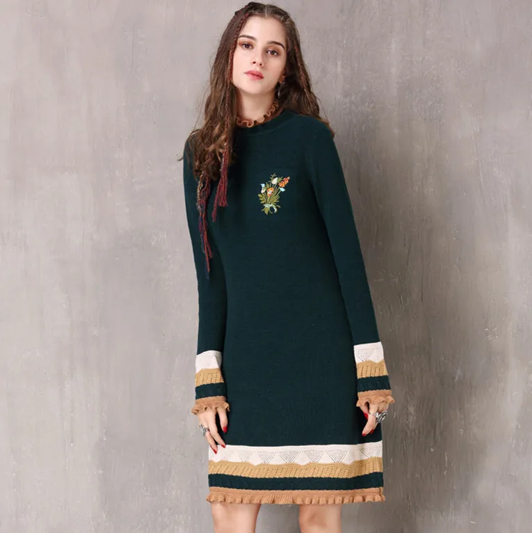 ^Cheap Knitted Dresses SIPAIYA 2017 Brand Winter Bottoming Cotton Wool Sweater Dress Vestidos Flower Embroidery Green Women Dresses