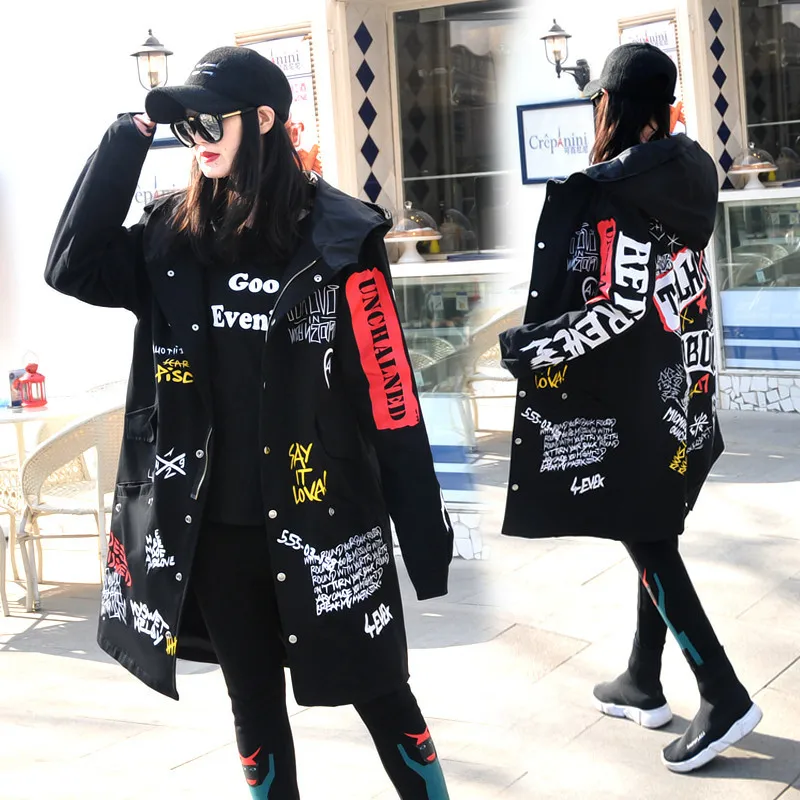 

Women's 2019 Spring Hip-hop Letter-printed Windbreaker BF Hooded Trench Coat