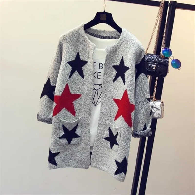 2016 New Fashion Stars Pattern Cardigan Women Casual Sweet Sweaters Knitted Long Sleeve Slim Women Long Sweater Cardigans B37