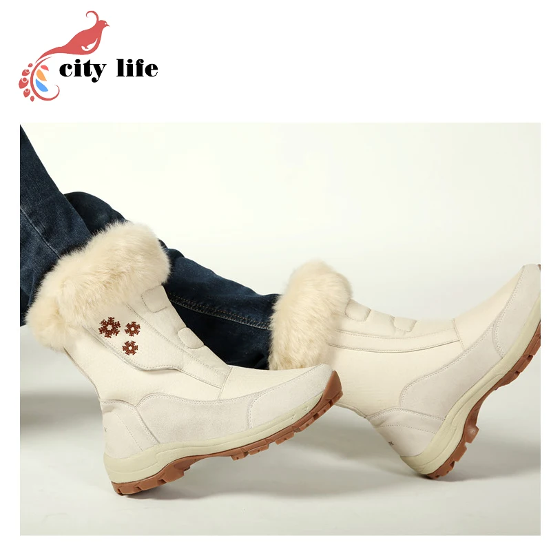 White Ski Boots Full Grain Leather Winter Shoes Women's Flat Extra Wide