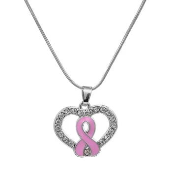 

10PCS Breast Cancer Awareness Pendant Necklace Jewelry With Pink Enamel Ribbon Bow White Rhinestones Heart Snake Chain