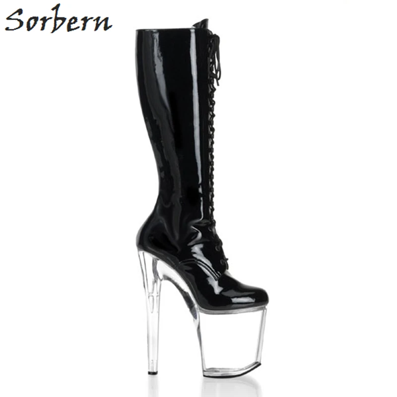 

Sorbern 20cm Clear Heels Women Boots Patent Leather Ladies Party Boots Lace Up Custom Color Botines Mujer 2018 Bottes Femme