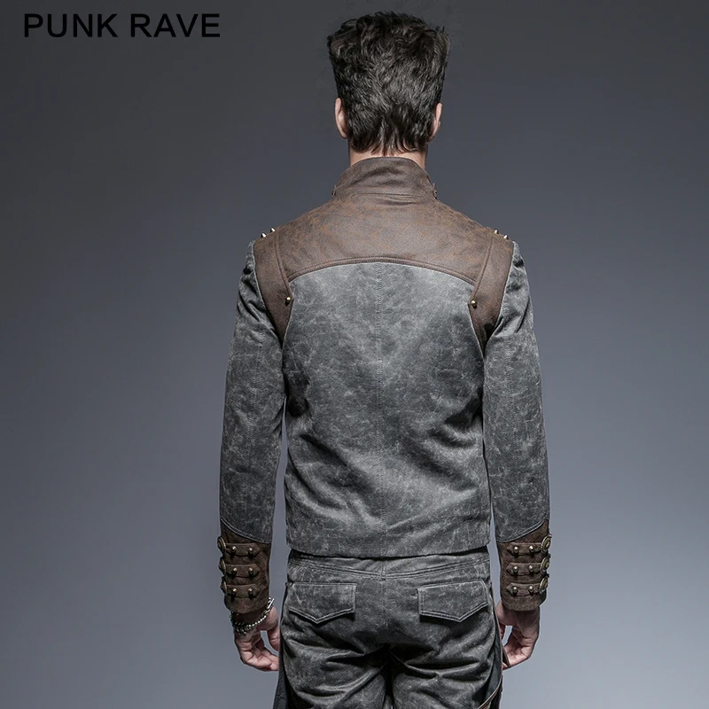 PUNK RAVE Mens Punk Short Jacket Coat Stand-up Collar Sipper Leather Novelty Hip Hop Streetwear Personality Jacket