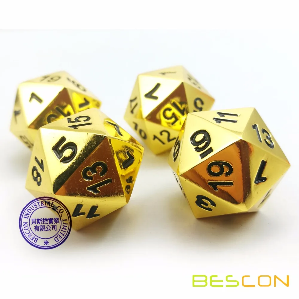 Set of 4 Deluxe Golden Solid Metal 20 Sides Dice D20 Gold Metallic Polyhedral Dice 2