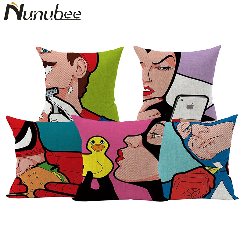 

Nunubee Super Hero Funny Cushion Cover Superman Spider Man Pillow Cover Cartoon Linen Decorative Pillows Case 45*45CM