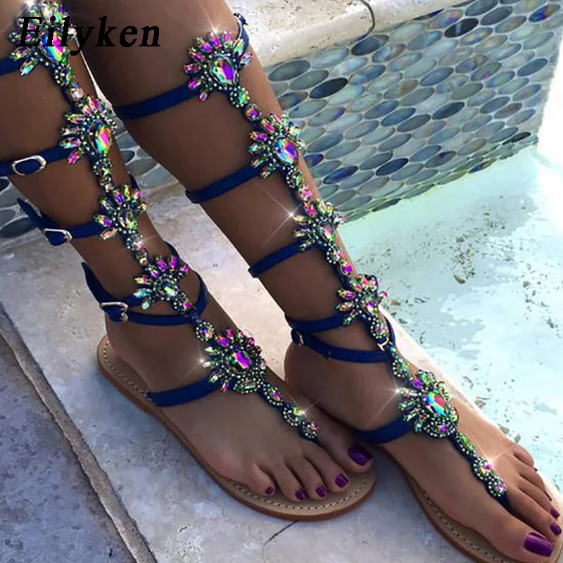 Eilyken/женские блестящие туфли на плоской подошве со стразами; повседневные сандалии-гладиаторы с пряжкой и ремешком, окаймленными кристаллами; передний и задний ремешок; сандалии на плоской подошве