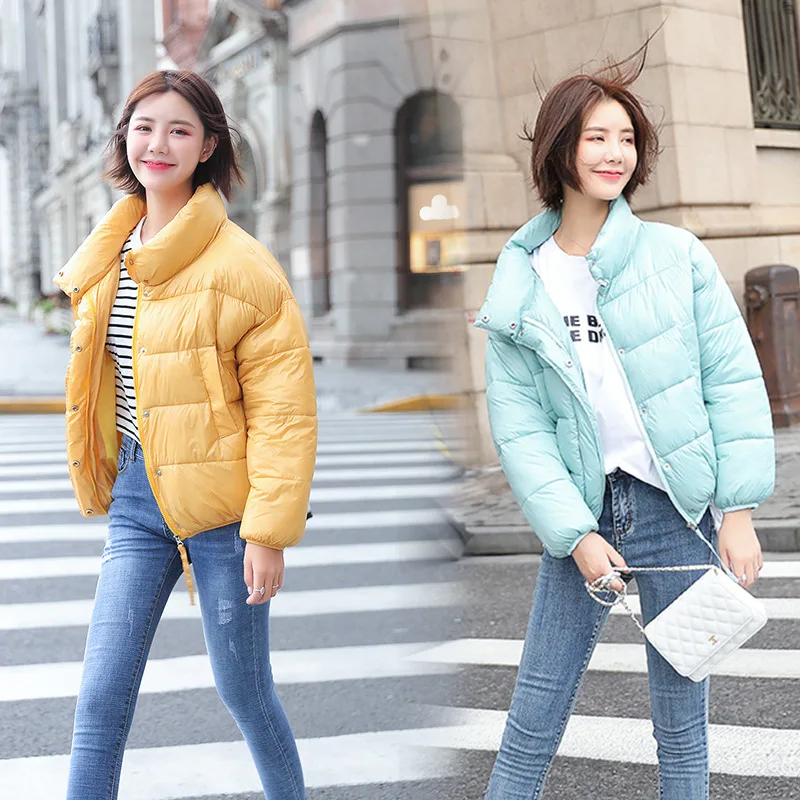 

Lady short solid parka candy color no hat stand collar coat women winter outerwear yellow black white sky blue short padded coat
