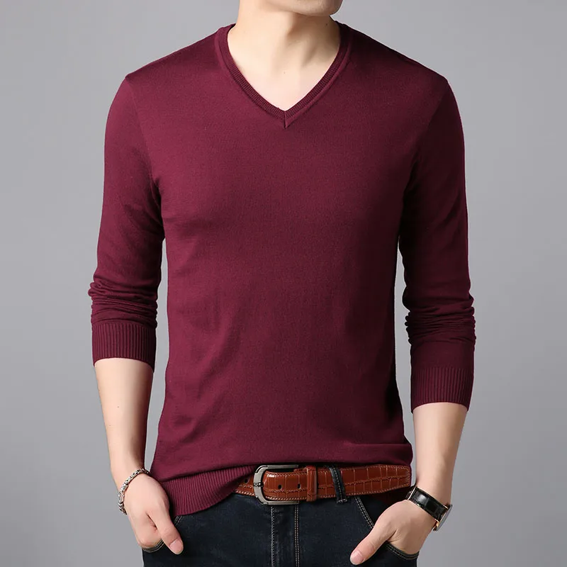 Модные брендовые свитера, мужские пуловеры с v-образным вырезом, облегающие вязаные Джемперы, одноцветные, зимние, корейский стиль, повседневная мужская одежда - Цвет: Красный