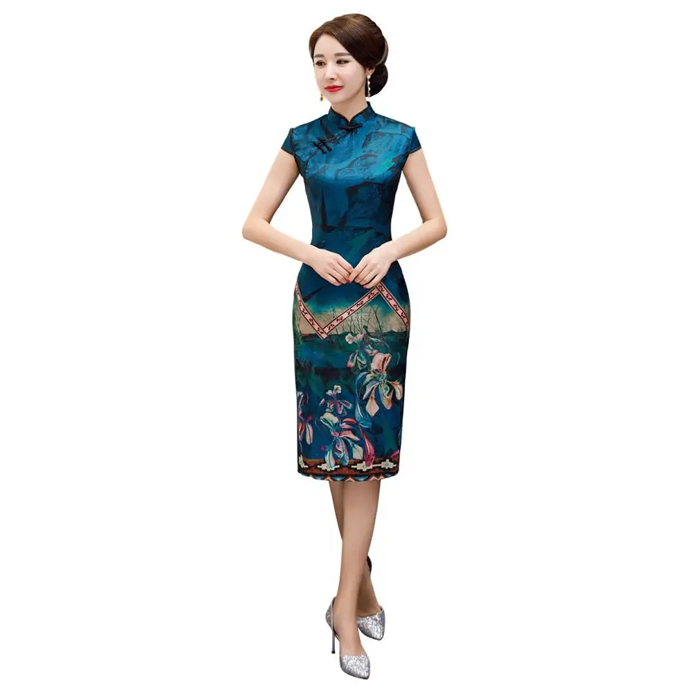 Шанхай история китайский стиль Платье До Колена Cheongsam цветочный Qipao восточное платье с коротким рукавом Вечерние платья для женщин - Цвет: 9272