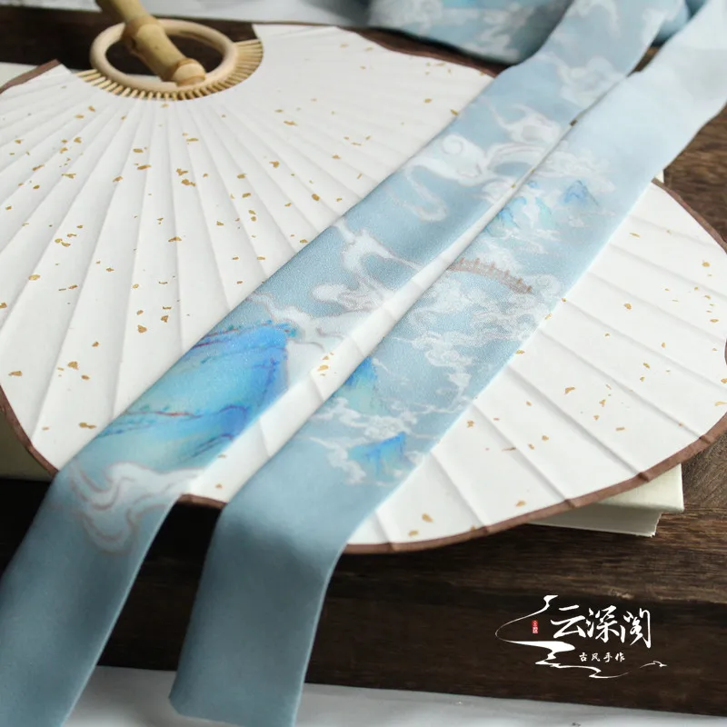 Yunshenge Qingshan Скрытая шифоновая печать Hanfu Hairband древняя ветровая лента Hanfu аксессуары для волос головной убор аксессуары