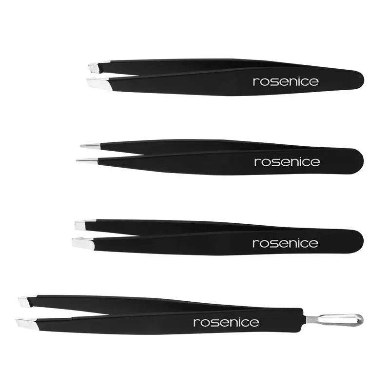

RUIMIO 4pcs Professional 401 Stainless Steel Slant Tip Tweezer Best Precision Eyebrow Tweezers Kit with Rubber Painted