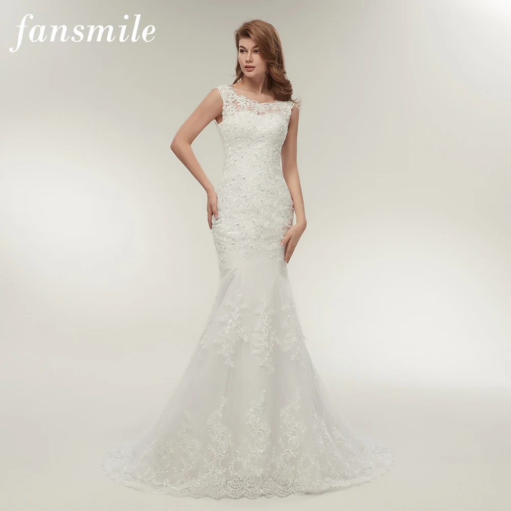 Женское кружевное свадебное платье Fansmile, платье невесты с юбкой годе, модель FSM-144M большого размера
